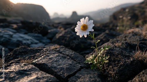 Resilient Daisy Flower Blooming Among Stones with Dramatic Mountain Background