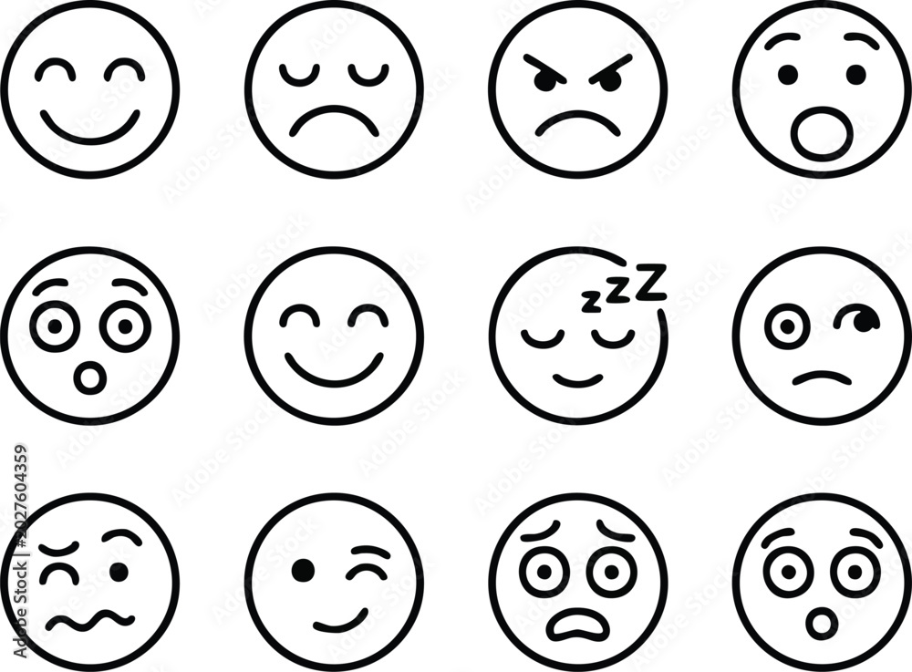 Fototapeta premium Minimalist Line Art Emoji Icons Set of Facial Expressions
