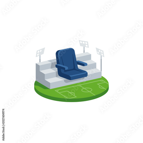 A single blue stadium seat is shown on a tiered seating area above a soccer field.