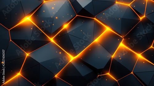 dark geometric polygonal panels fractured by glowing orange seams and scattered sparks, dramatic futuristic energy and molten light between glossy facets