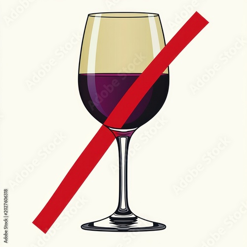 wine glass filled with red wine crossed by a bold red diagonal slash on a pale background conveying prohibition and caution