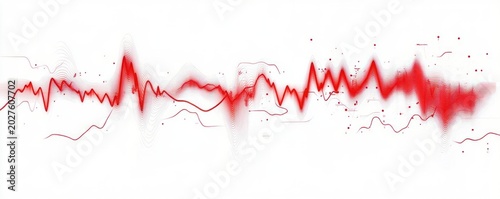 Red pulsating waveform with layered contour lines, sharp peaks and scattered dots on a clean white background conveying energetic rhythmic motion