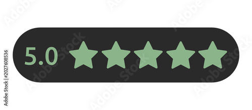 5.0 star rating icon on modern dark rounded capsule button, isolated on transparent background for user feedback and customer review interface design