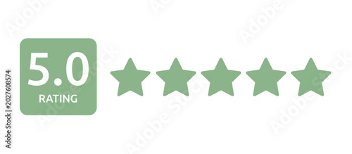 5.0 rating square green badge with five stars, isolated on transparent background for excellent customer testimonial and premium product review interface