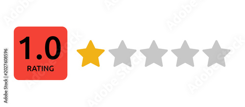 1.0 rating square red badge with one yellow star highlight, isolated on transparent background for critical user performance score and review feedback interface