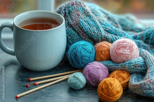 cozy scene with a mug of tea, colorful balls of yarn, wooden knitting needles and a soft knitted blanket conveying warmth and relaxation