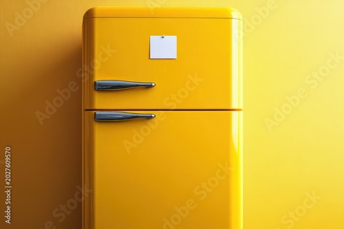 bright yellow retro two-door refrigerator with chrome handles and a small pinned white note against a matching yellow wall, cheerful minimalist vibe