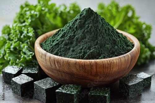 Rustic wooden bowl heaped with dark green powder surrounded by curly kale leaves and glossy dark green cubes, conveying fresh wholesome health and natural vitality