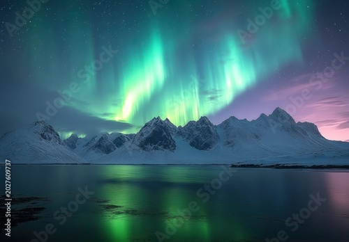 Northern lights dancing over snow-covered mountain peaks, reflected in calm arctic waters under a starry twilight sky, evoking serene awe and peaceful solitude