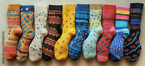 Row of eleven colorful patterned socks laid flat displaying stripes, dots, florals and geometric knitted designs, playful and cheerful