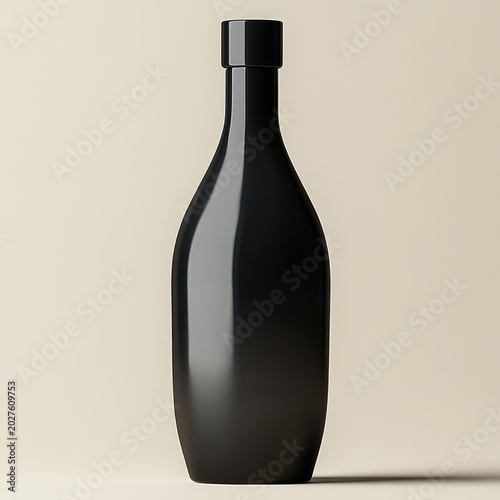 single tall glossy black bottle with cap on a beige background, minimalist elegant and mysterious studio mood