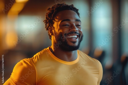 Confident person in a yellow athletic shirt in a warm-lit gym with blurred exercise equipment in the background