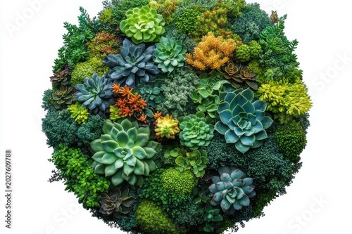 circular arrangement of diverse succulents and mosses in vibrant greens, blues and warm oranges on white background, lush calming botanical composition