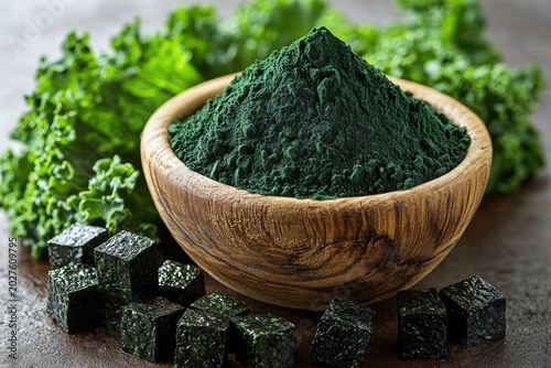 Wooden bowl heaped with deep green algae powder surrounded by dark compressed algae cubes and fresh kale leaves, conveying vibrant natural health and wholesome energy
