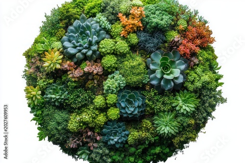 circular mixed succulent and moss composition with varied rosette and trailing plants in green and orange hues, lush and calming