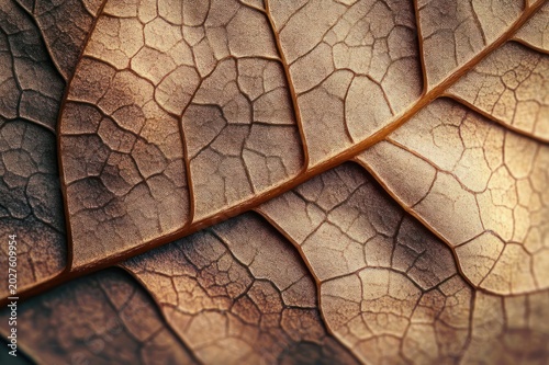 Macro close-up of a dried leaf with intricate veined network and cracked texture in warm brown tones, evoking delicate aged beauty