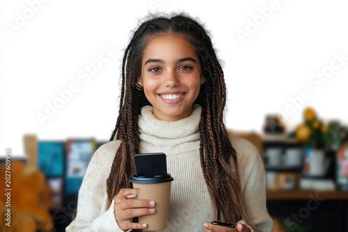 Person with braided hair in a cream turtleneck holding a takeaway coffee cup and smartphone inside a cozy cafe, calm relaxed morning mood