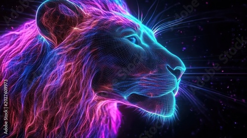 Majestic neon wireframe lion profile with flowing glowing mane, electric purple and blue lines, cosmic particles and a serene, powerful gaze on a dark futuristic background