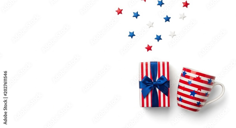 Obraz premium Patriotic gift box with bow and star decorated mug set isolated background
