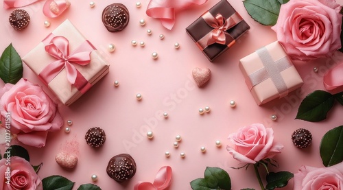 Romantic flat lay with pink roses, wrapped gift boxes with bows, chocolate truffles, scattered pearls and satin ribbons on a soft pink background, elegant celebratory mood