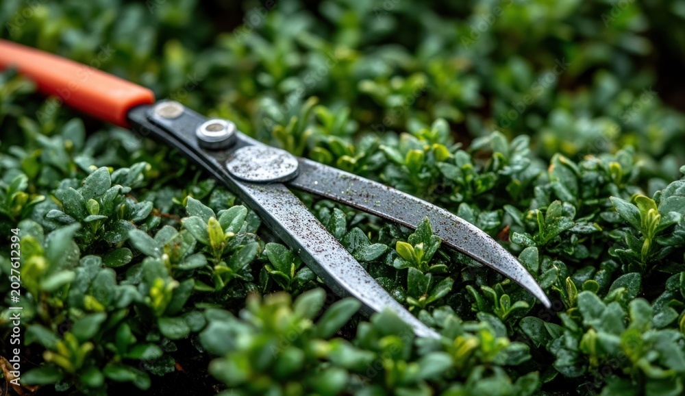 Obraz premium garden shears with orange handle resting on a dense small‑leaved green hedge with dirty metal blades, evoking calm readiness