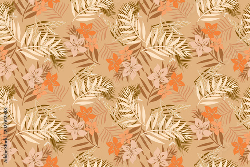 Fotografie Seamless tropical floral pattern with abstract palm leaves and orange flowers on warm beige background