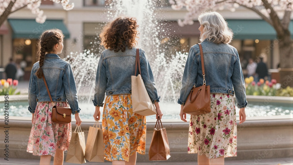 Obraz premium Three women in denim jackets stroll past a fountain carrying shopping