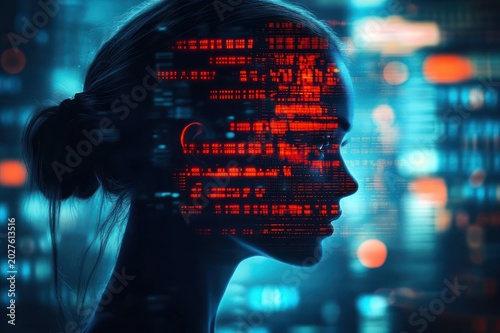 woman profile silhouette filled with red digital code against glowing blue city lights, futuristic and contemplative mood