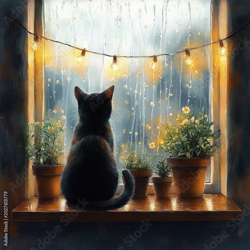 black cat sitting on a wooden windowsill among potted plants, watching rain through a window lit by warm hanging string lights, peaceful and contemplative evening