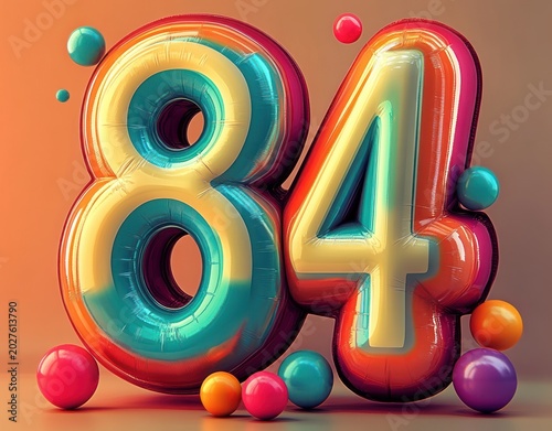 colorful metallic foil balloons shaped as the numbers eight and four surrounded by glossy multicolored spheres, playful festive celebration mood