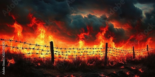 Barbed wire fence silhouetted against a raging grass fire with towering orange flames and dark smoke-filled clouds, a menacing and urgent scene