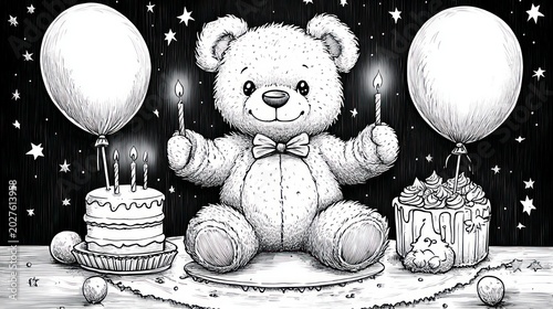 cute teddy bear with bow tie holding two lit candles seated between a layered birthday cake and frosted cupcake with balloons, stars and confetti in a joyful party scene