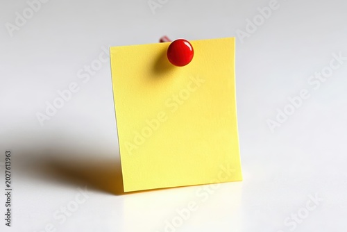 blank yellow sticky note pinned with a red push pin on a white surface casting a soft shadow, minimalist reminder and quiet anticipation