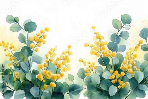 soft watercolor eucalyptus branches with round green leaves and cheerful yellow mimosa blossoms on white background, airy serene mood