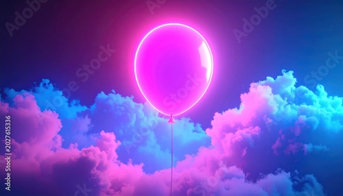 Vibrant Neon Balloon Floating Above Dreamy Clouds in a Cosmic Sky.