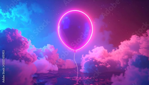 Vibrant Neon Balloon Floating Among Dreamy Clouds in Surreal Sky.