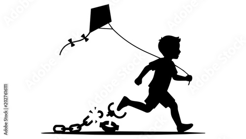 A silhouette of a young boy running while flying a kite and breaking free from heavy metal chains isolated on transparent background, Vector