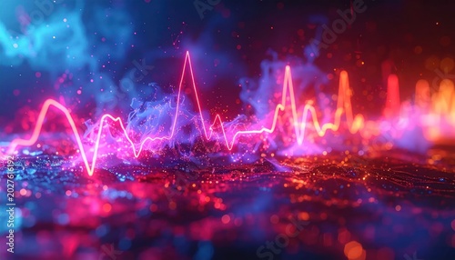 Vibrant Neon Sound Wave Pulse on Dark Textured Ground.