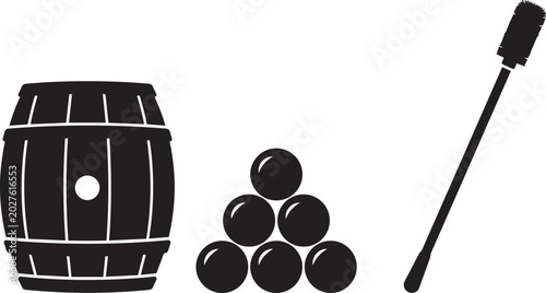 Black silhouette icons of a wooden barrel, a stack of cannonballs, and a ramrod for historical military or pirate theme design isolated on transparent background, Vector