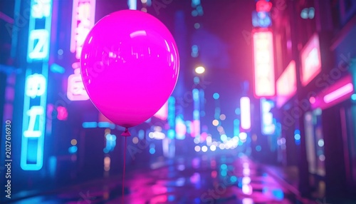 Vibrant Pink Balloon Floats Through Neon-Lit Cyberpunk Cityscape at Night.
