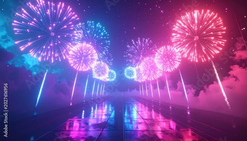 Vibrant Neon Fireworks Display Reflecting on Water.