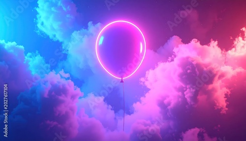 Vibrant Neon Balloon Floating Amidst Dreamy Clouds.
