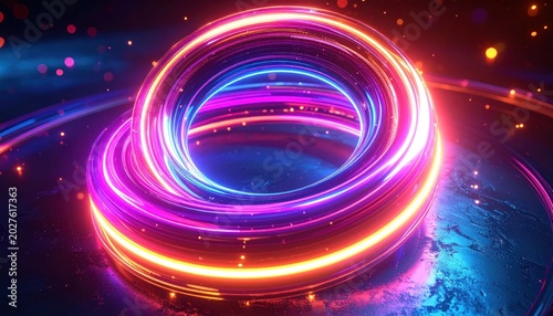 Vibrant Neon Ring Portal with Cosmic Particles.