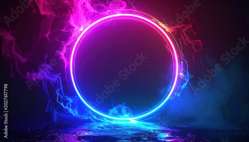 Vibrant Neon Ring with Ethereal Smoke and Reflections.