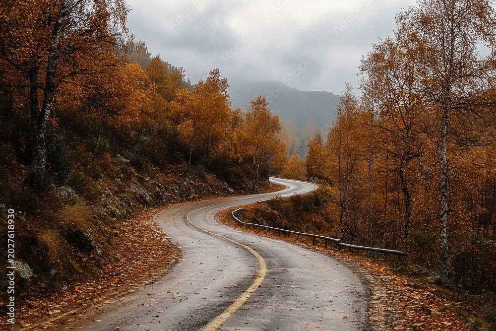 Obraz premium wet winding road through orange autumn birch forest with fallen leaves and misty hills, calm moody atmosphere