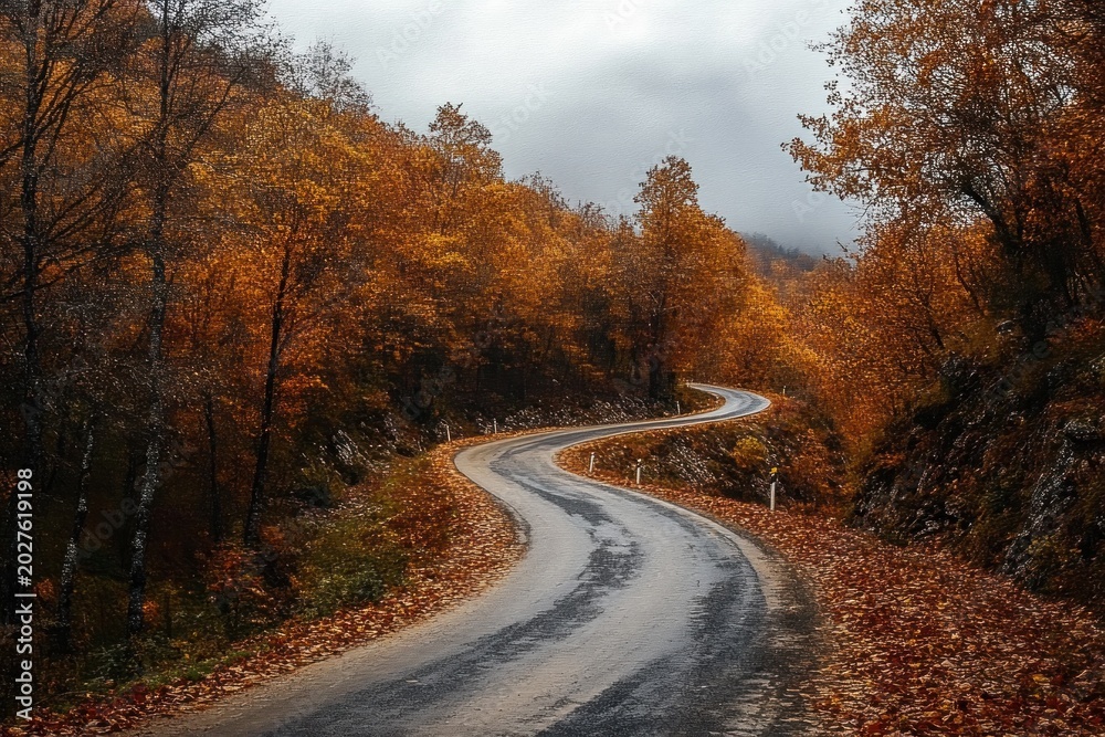 Fototapeta premium Winding wet road through orange autumn forest with fallen leaves and misty overcast sky, evoking a peaceful, melancholic mood