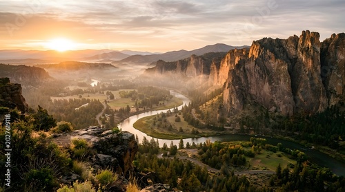 Misty river winding through smith rock state park at sunrise with golden light rock formations golden hour landscape outdoors