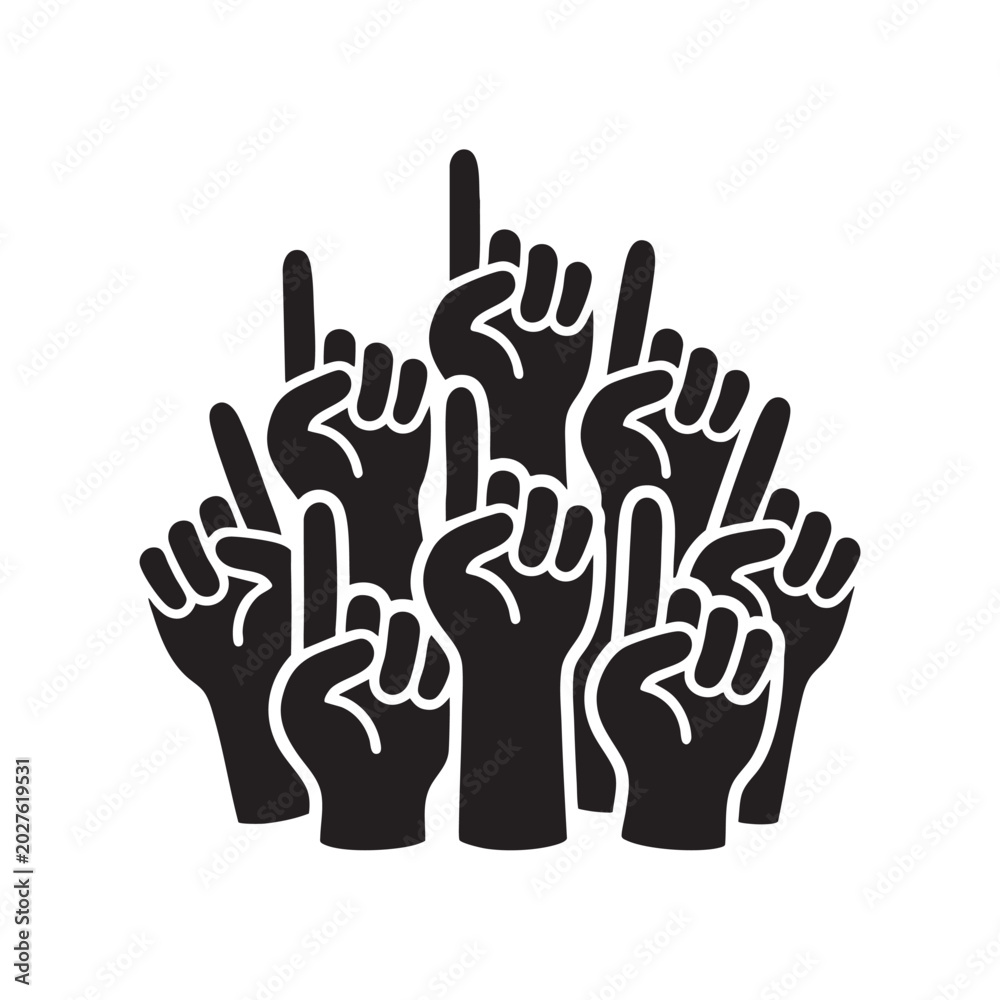 Fototapeta premium Crowd of People with Raised Fists Black Silhouette Vector Mass Protest and Rally Symbol