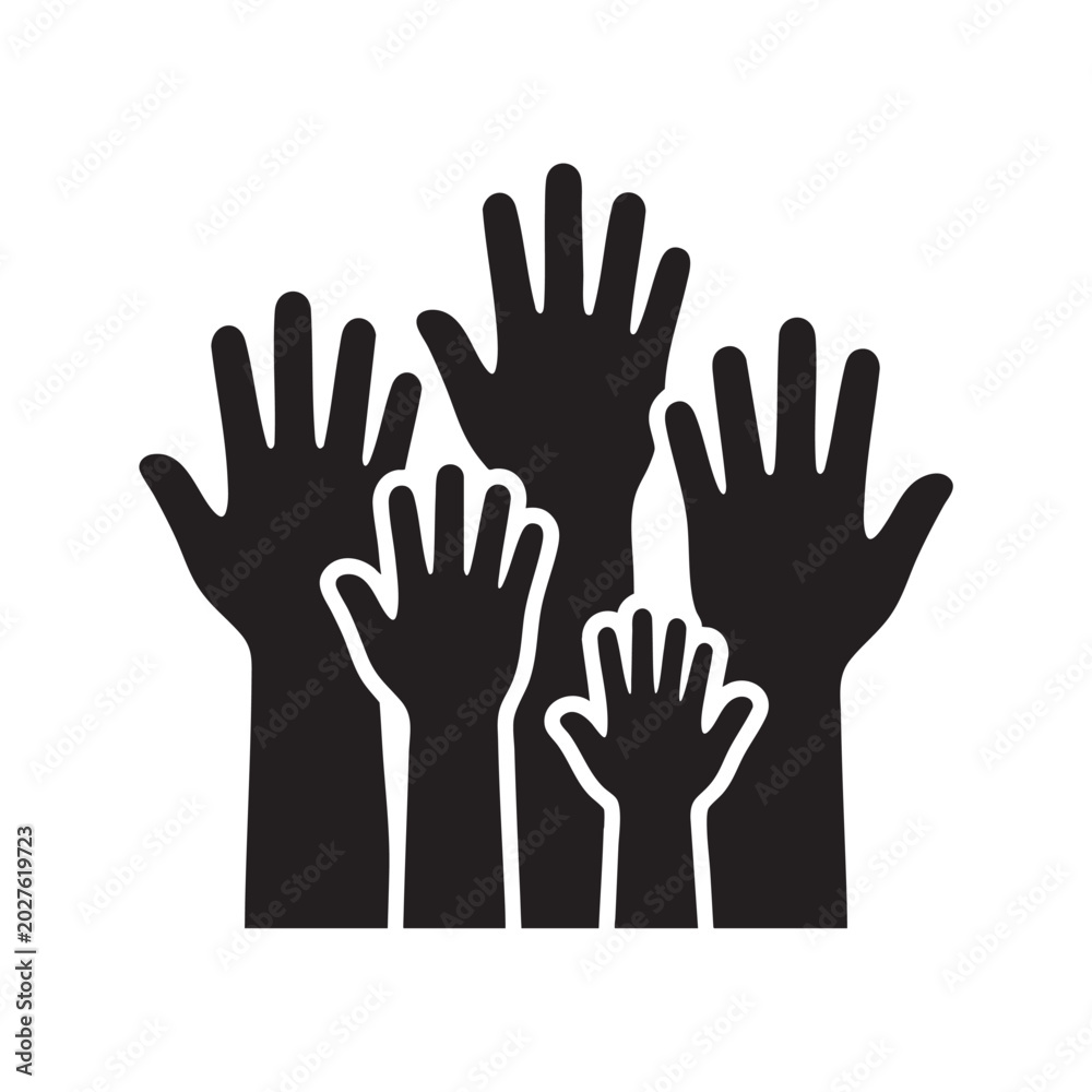 Fototapeta premium Raised Hands Crowd Black Bold Silhouette Vector – Cheering Audience and Support Icon
