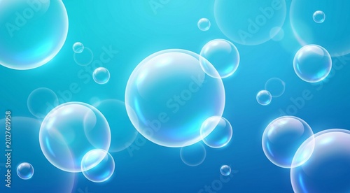  blue bubble background with transparent floating soap bubbles, vibrant cyan to deep blue gradient backdrop, glossy realistic bubbles with soft reflections and highlights, playful underwater